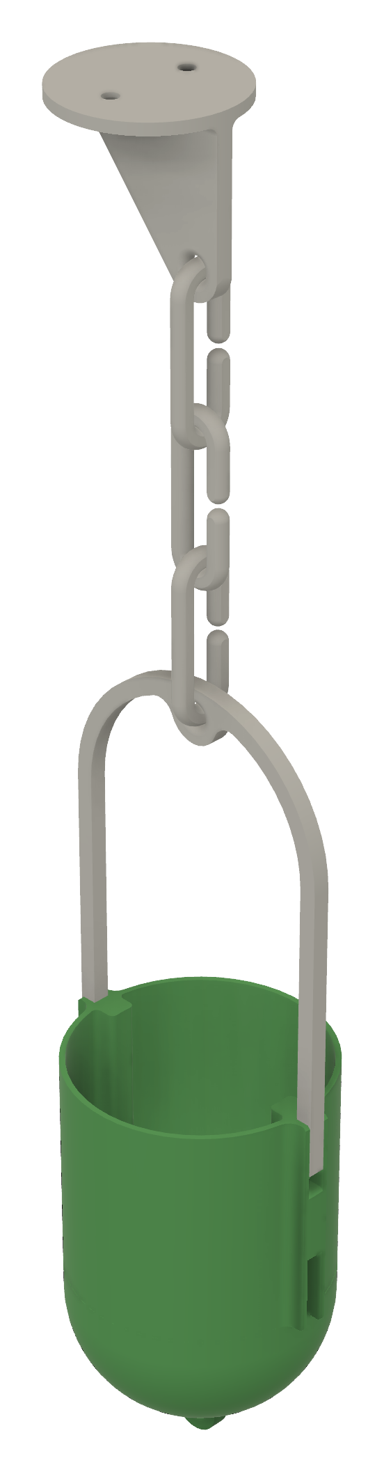 Fusion render of the hanging planter: ceiling mount, chain and a green cup on a handle
