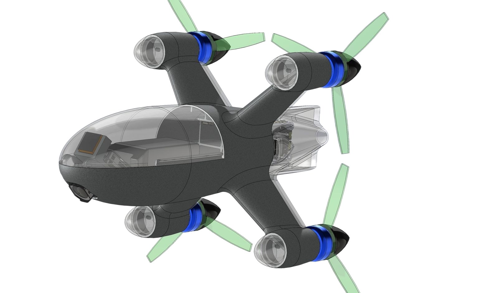 SolidWorks render of the drone: a streamlined fuselage with four motor pods on swept arms
