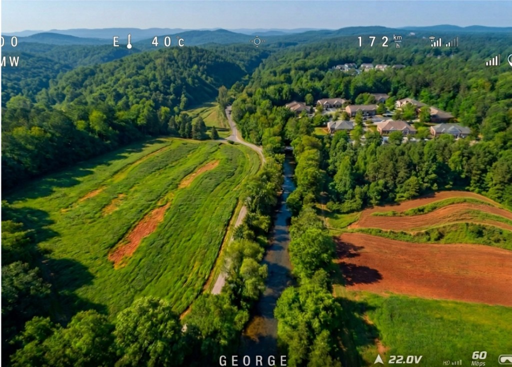 FPV frame from the maiden flight. The left edge of the OSD is cut off. 172 km/h is readable on the right.