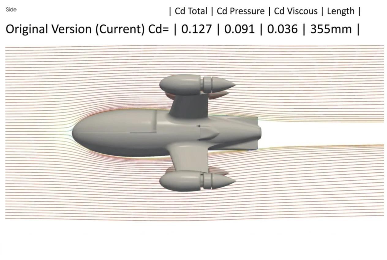 Streamlines around the original 355 mm body at zero angle of attack